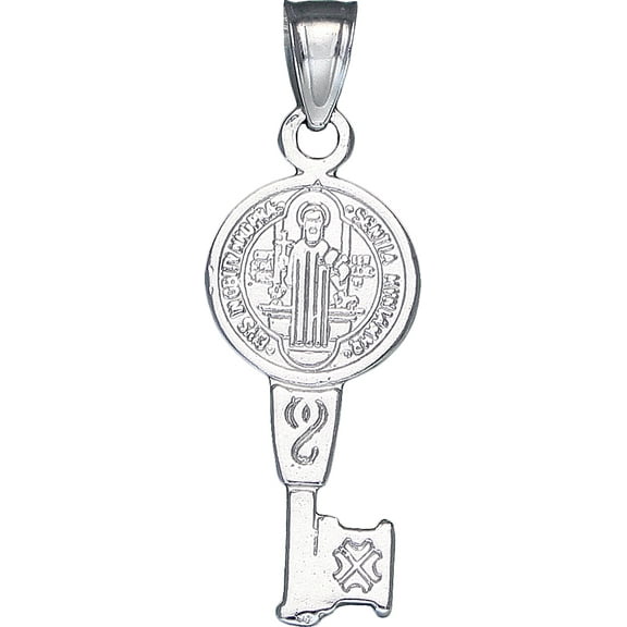 Sterling Silver Saint Benedict Key Medal Reversible Charm Pendant Necklace with 18 Inch Chain