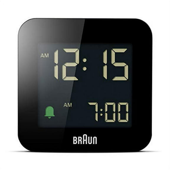 Braun Digital Travel Alarm Clock with Snooze, Compact Size, Negative LCD Display, Quick Set, Crescendo Beep Alarm in Black, model BC08B.
