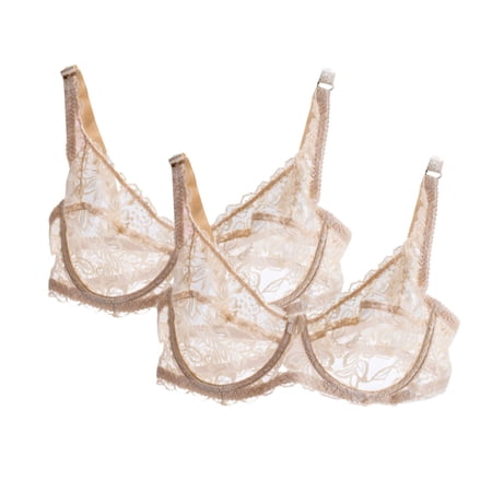 2 PC Women's Lace Bralette See Through Sexy Minimizer Bra Plus Size Sheer Underwire Brassiere Push Up Balconette Bras