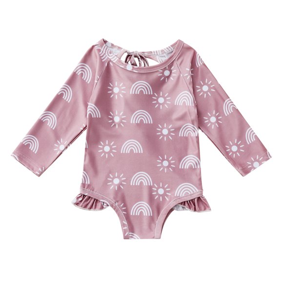 ITFABS Little Girls One Piece Swimsuit Sun Rainbow/Sunflower Print Ruffle Trim Rashguard Swimwear Long Sleeve Bathing Suit