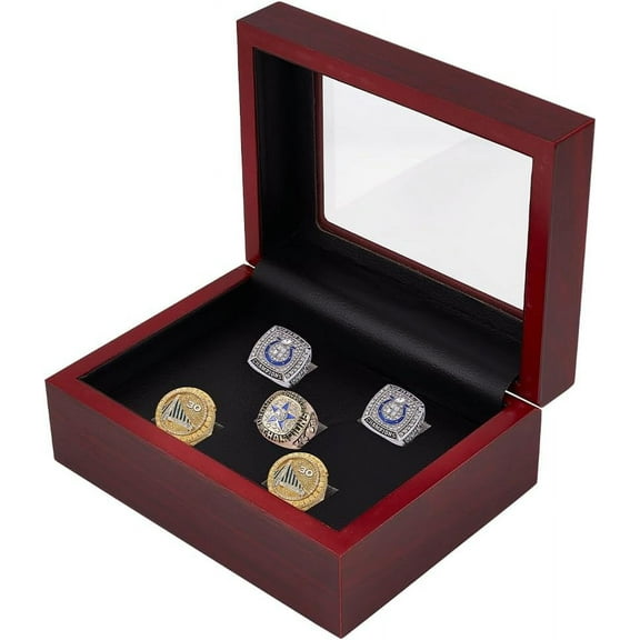 5 Slots Championship Ring Display Wooden Box 4.8x6.38x2.8inch Championship Ring Display Case Dark Red Wooden Ring Display Case Box Display Case DIY for Sports Rings Baseball Ring Display