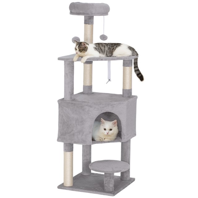 PawHut 54 Inch Cat Tree with Large Cozy Condo, Plush Top Perch, Light Grey