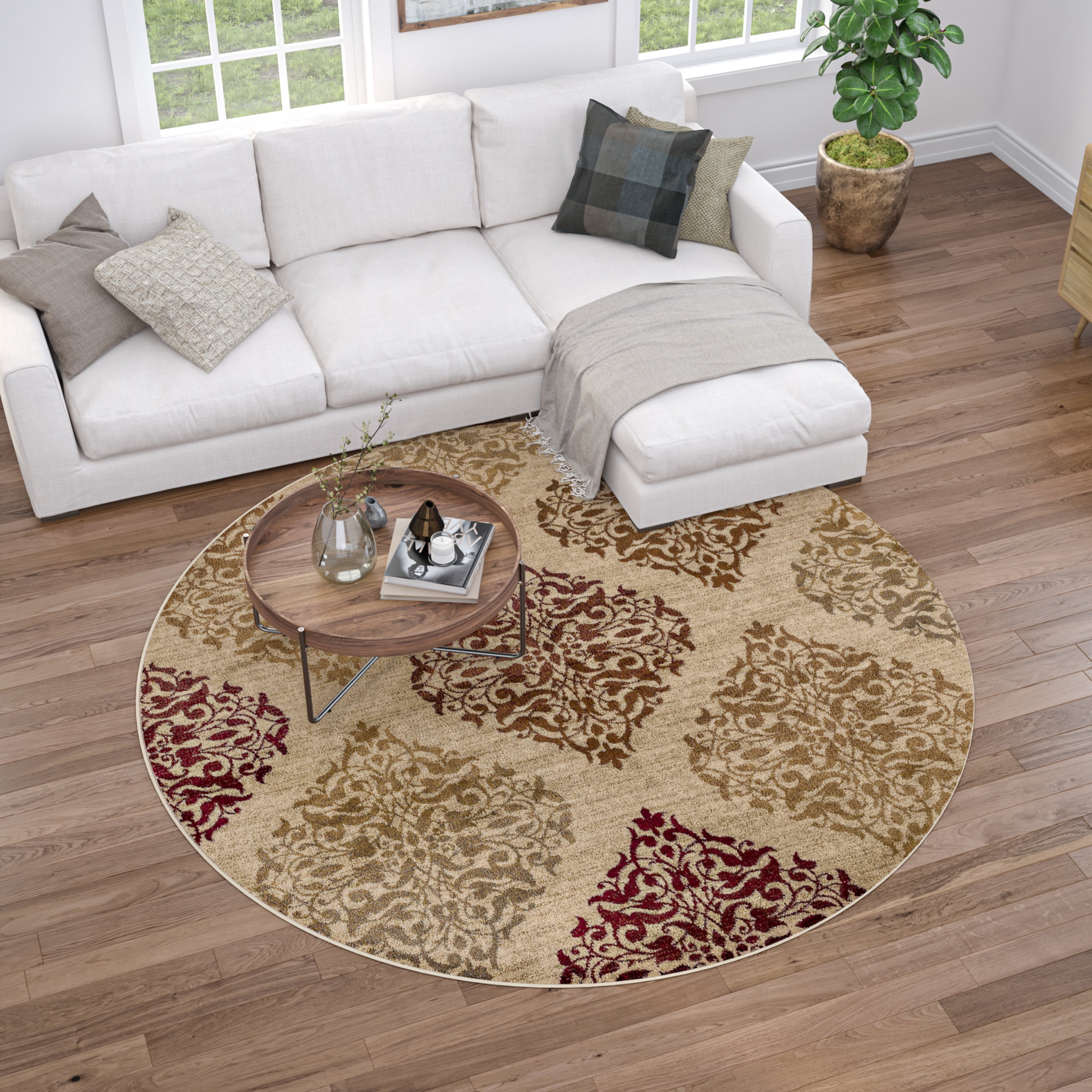 Impressions Transitional 5' Round Beige and Red Polypropylene Indoor Area Rug