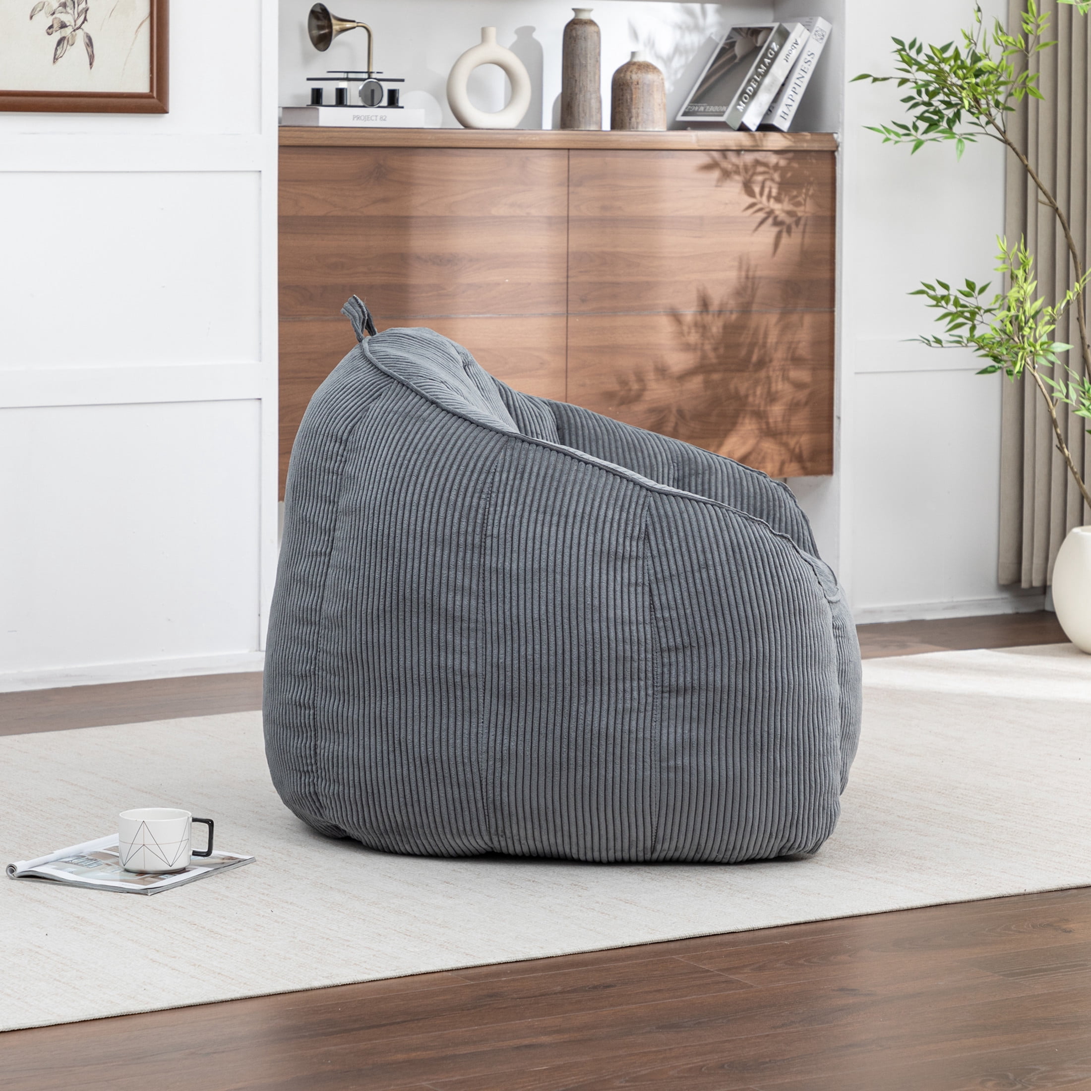 Noble House Revon Giant Corduroy Bean Bag Chair with Armrests, Cozy Memory Foam Lounge Couch for Living Room, Dark Gray