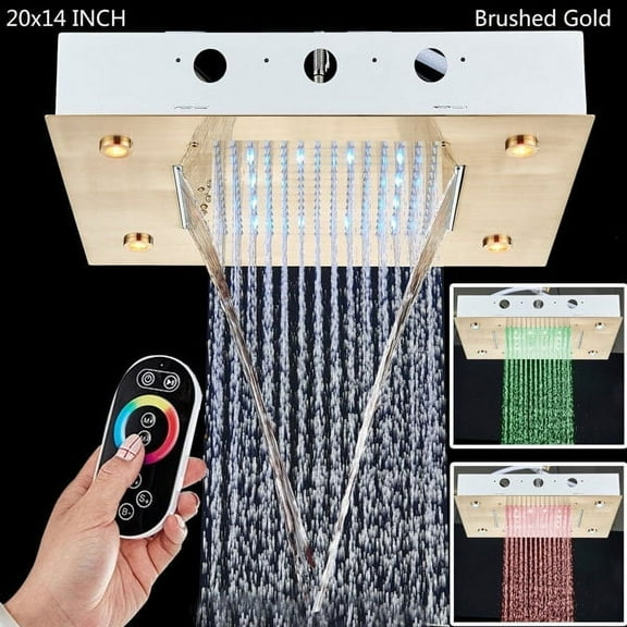 Color changing LED Rainfall&Waterfall Shower Head Gold Top Spray Ceiling Mounted