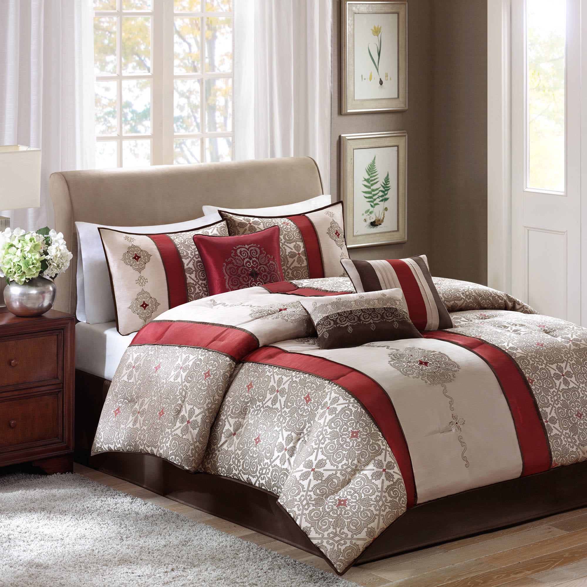 BEAUTIFUL 7PC MODERN RED BROWN TAUPE STRIPE PINTUCK SOFT TEXTURE COMFORTER SET 
