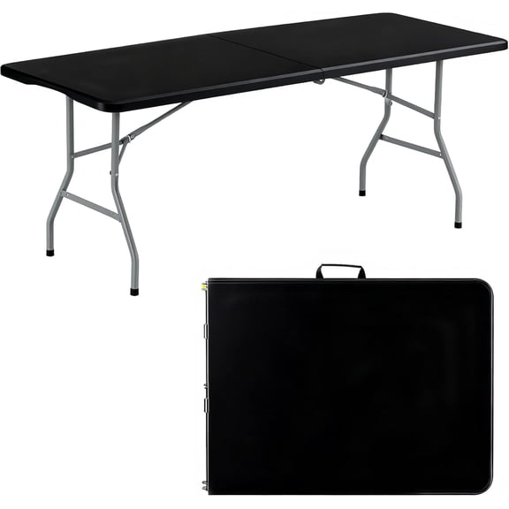 Folding Table 6FT Portable Heavy Duty Plastic Table with Carrying Handle Fold-in-Half Utility Foldable Tables for Parties Wedding Events Dining Indoor Outdoor Picnic (Black)