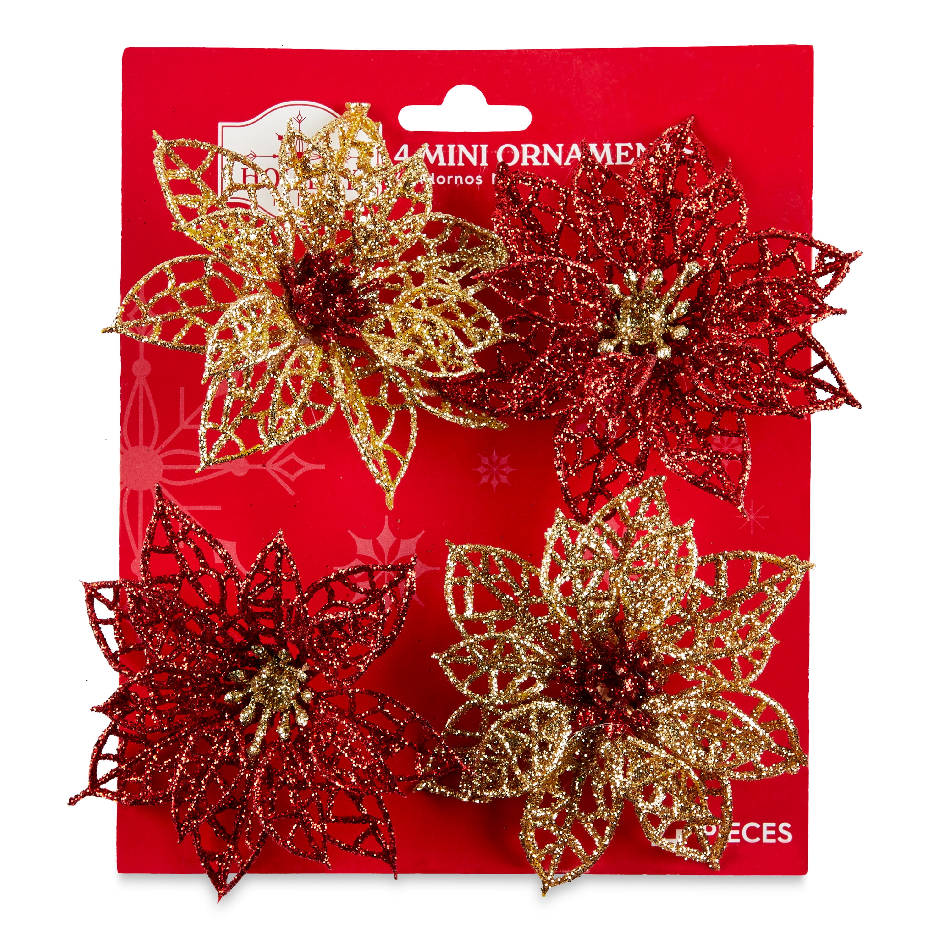 Holiday Time Red and Gold Poinsettia Mini Christmas Ornaments, 4 Count