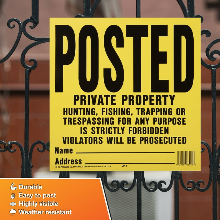 Hy-Ko Yellow 11 x 11 inch Plastic Posted Private Property Sign