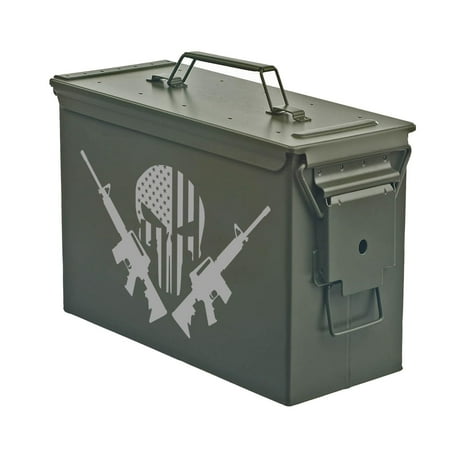 Steel Ammo Can Storage Box Ammunition Case American Flag Skull With Guns (30cal Green)