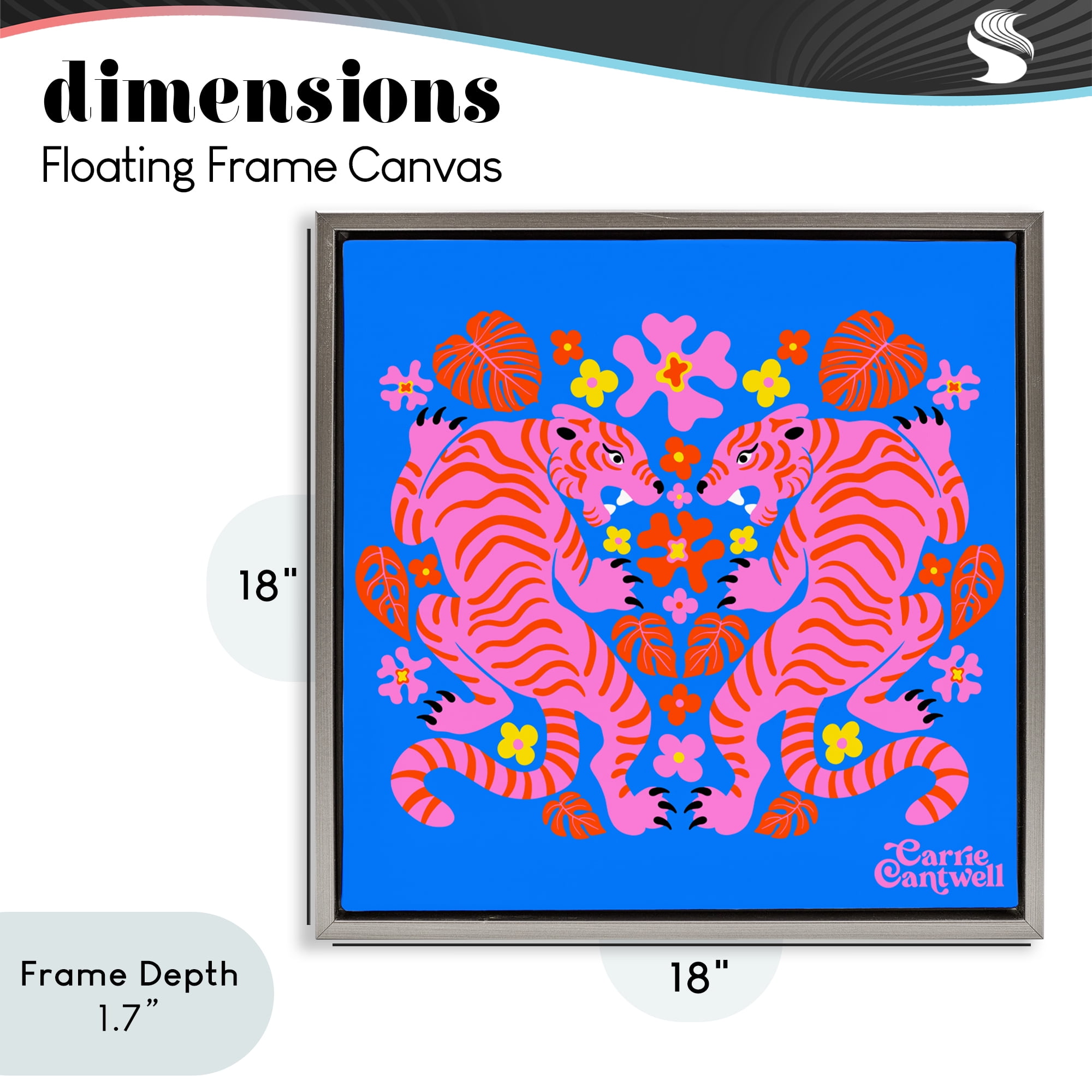 Stupell Industries Pink Tigers and Monstera Gray Framed Floater Canvas Wall Art, design by Carrie Cantwell
