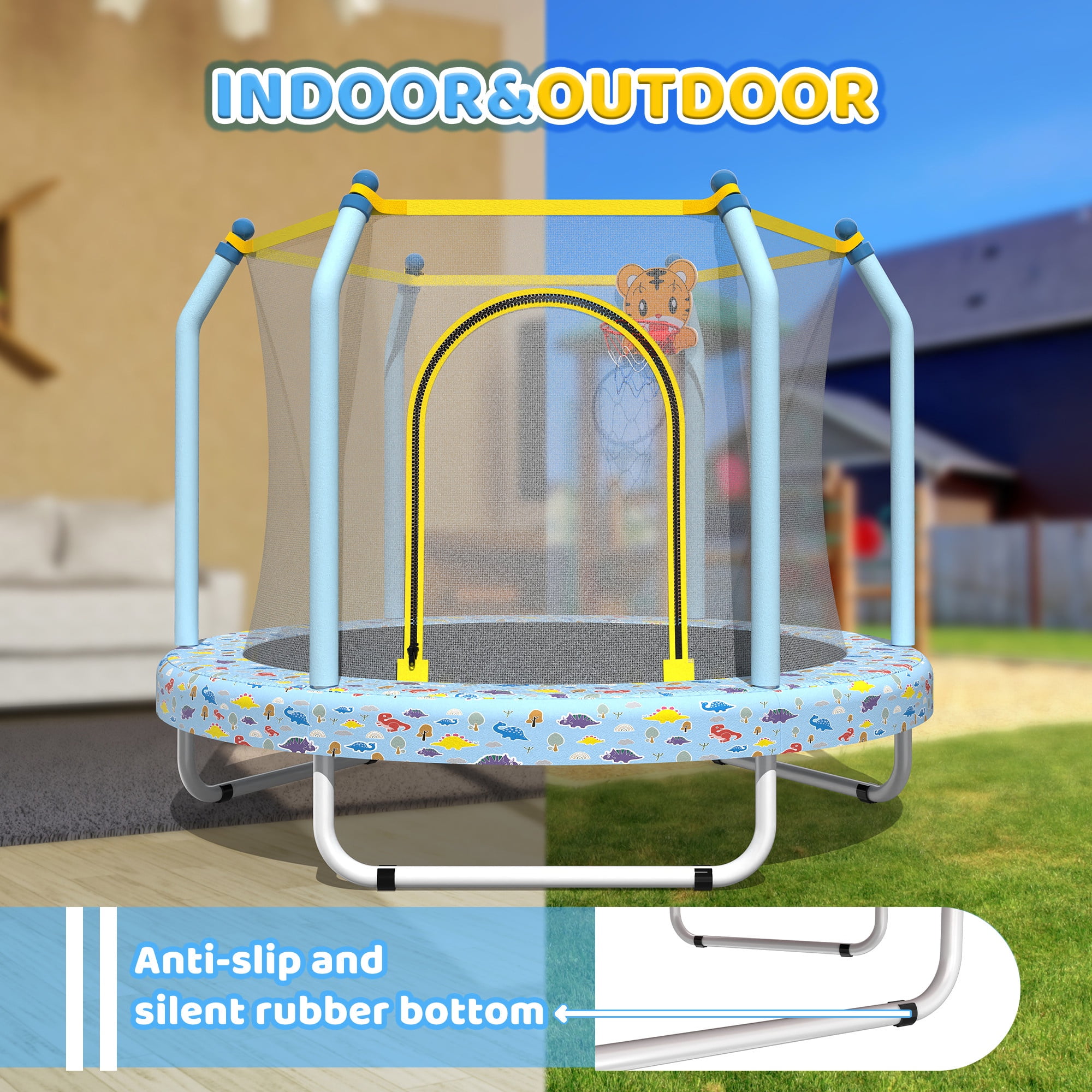 55" Trampoline with Enclosure for Kids, SEGMART Indoor Outdoor Toddler Trampoline with Basketball, Indoor Outdoor Kids Trampoline with Basketball Hoop, Small Round Trampoline for Boys Girls