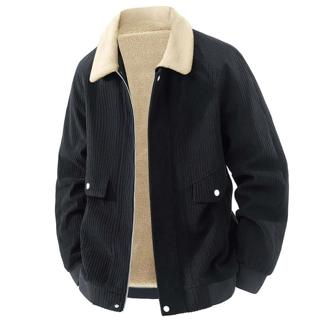 Veste en Velours Côtelé à Col Rabattu pour Hommes avec Poche à Pression, Épaissie en Polaire, Design à Poignets, Manches Longues Sans Capuche, Tenue Décontractée
