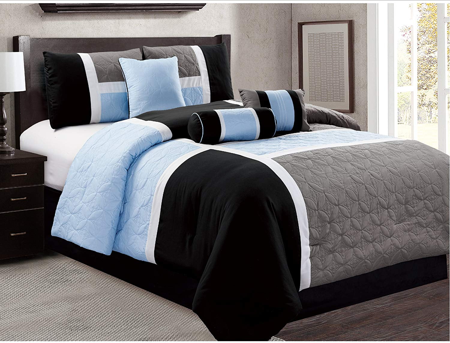 7 Piece Luxury Soft Microfiber Quilted Patchwork Comforter Set Black Cal King 
