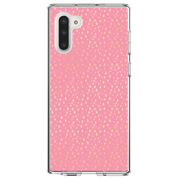 DistinctInk Clear Shockproof Hybrid Case for Samsung Galaxy Note 10 (6.3" Screen) - TPU Bumper, Acrylic Back, Tempered Glass Screen Protector - Pink & Gold Star Pattern