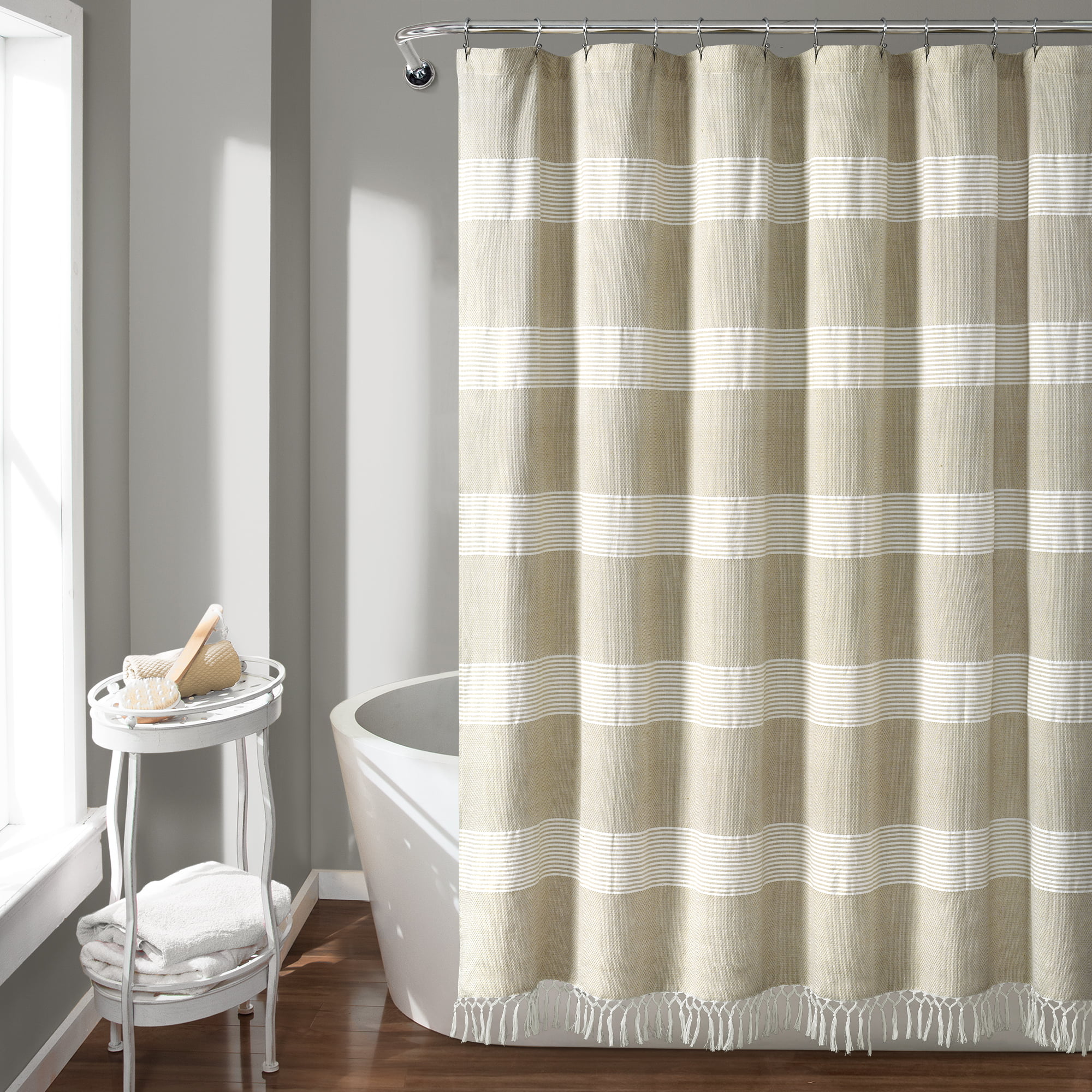 White Shower Curtain Stripe Fabric Bathroom 72 in NWT $59 PIER 1 LILAC 