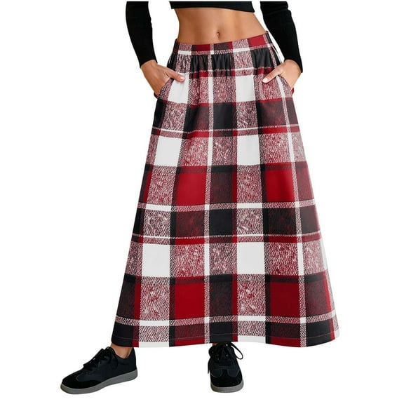 PUMISAS Plaid Skirts For Women Comfortable Elastic Waist Skirts Casual Elegant Skirts Warm Long Pencil Skirts With Side Pockets