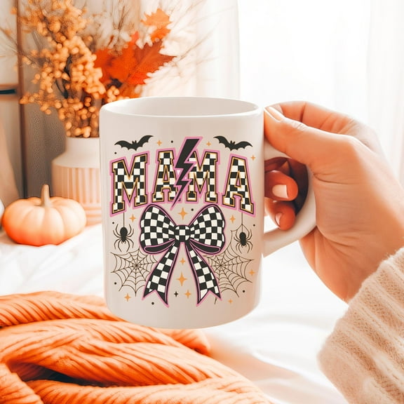 ChaChaCoo Halloween Mama Mug, Checkered Bow & Lightning Bolt Coffee Cup, Coquette Bow Mug, Girly Spooky Season Coffee Cup, Retro Spooky Fall Mama Gift