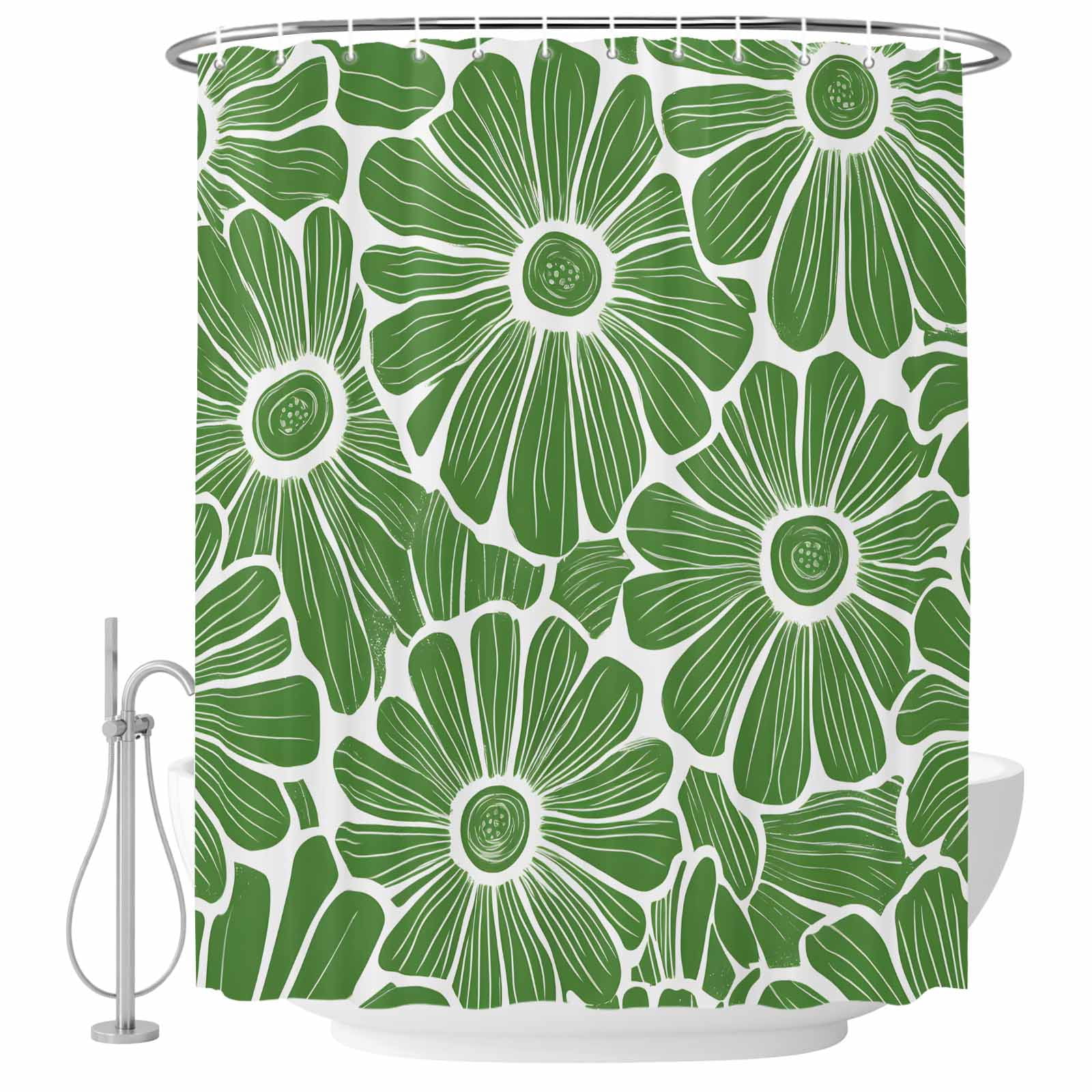 Green Spring Floral Waterproof Fabric Shower Curtain,Pastoral Flower Abstract Waterproof Fabric Shower Curtain for Bathroom Curtains Bathtubs Hotel Shower Curtains with 12 Hooks Small 36x72in
