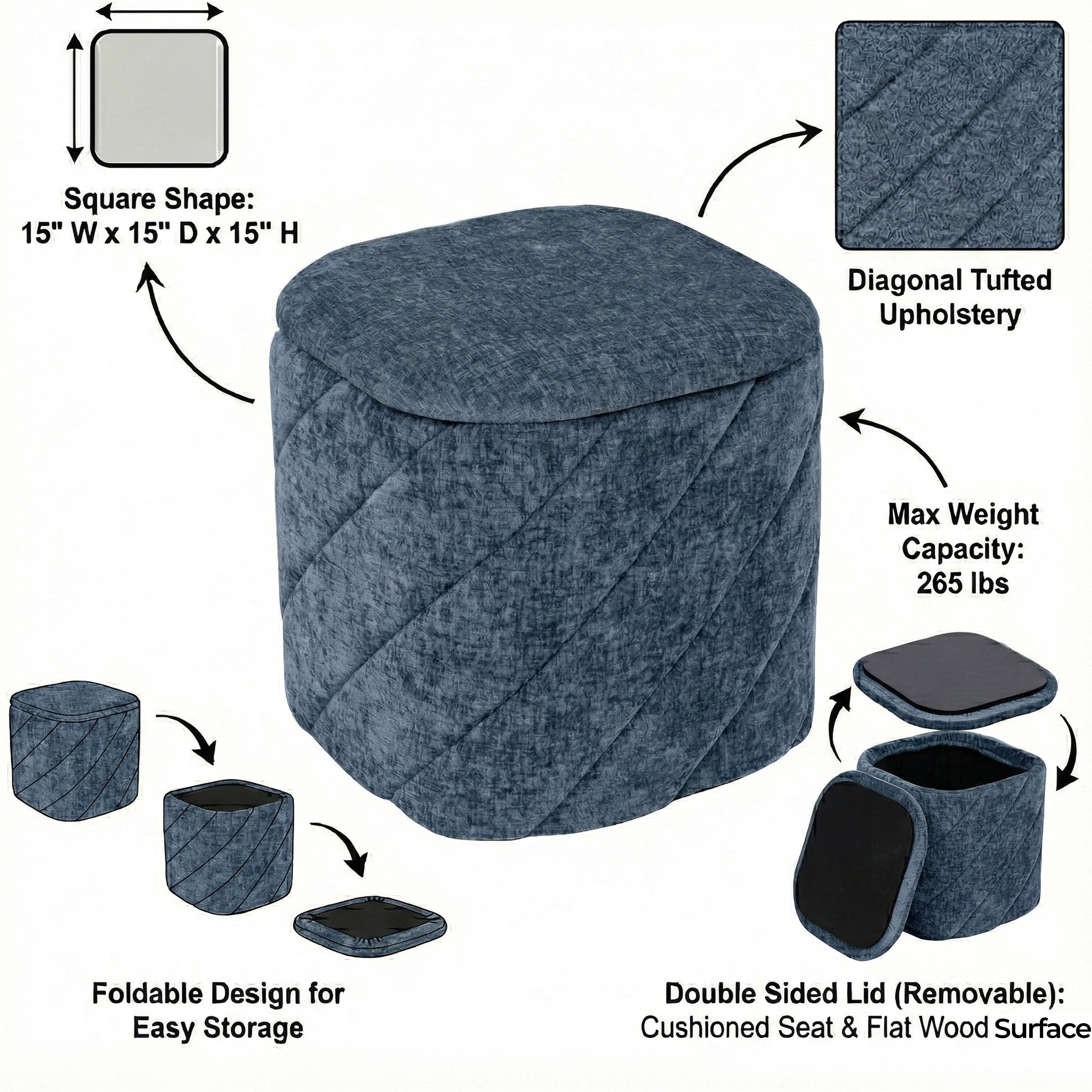 Aria Home Modern Tufted Cube Ottoman with Storage, Upholstered Footrest 15" Stool, Blue