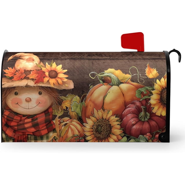 Fall Scarecrow Mailbox Covers Sunflower Pumpkin Magnetic Mailbox Wraps Autumn Harvest Post Letter Box Cover Rustic Flowers Mail Box Cover Decoration Welcome Home Garden Outdoor 25.5" Lx 21" W