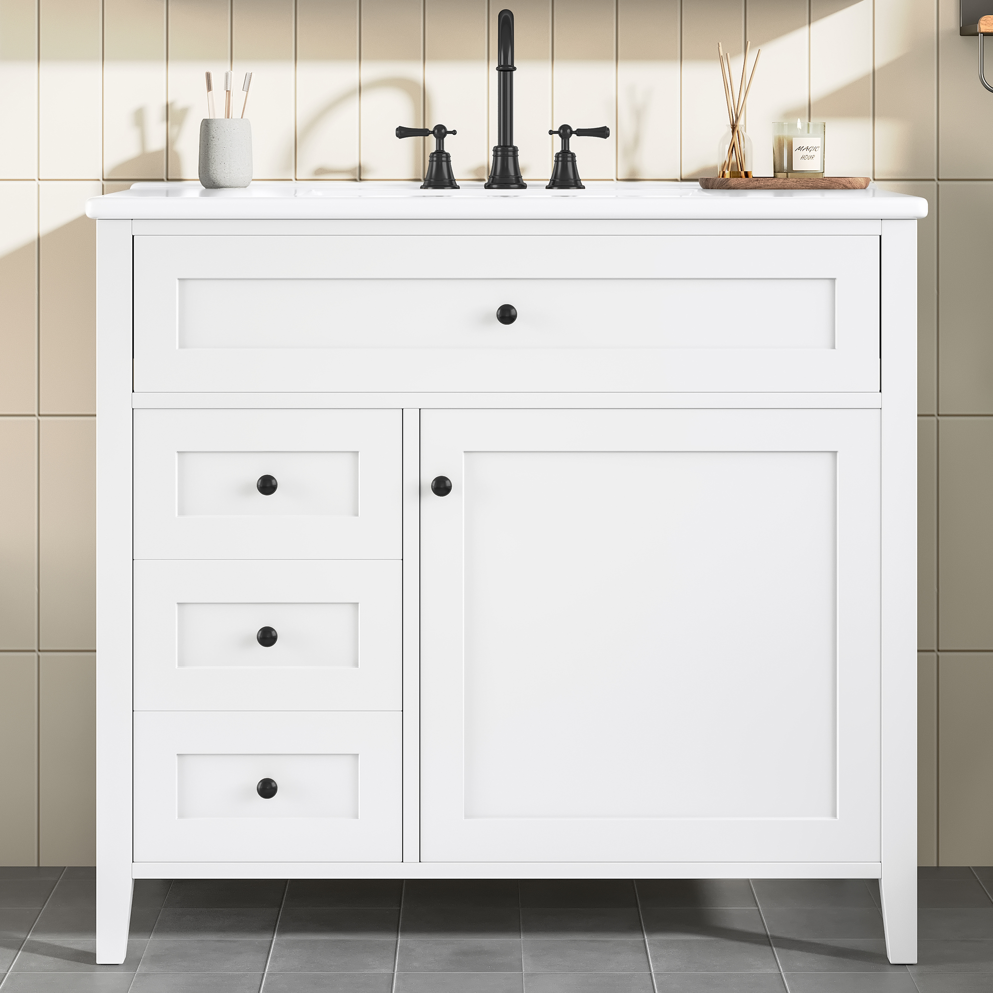 Euroco 36-Inch White Bathroom Vanity with Sink, Modern MDF and Rubberwood Cabinet with 3 Drawers and Adjustable Shelf, Freestanding Vanity for Bathroom Storage and Organization