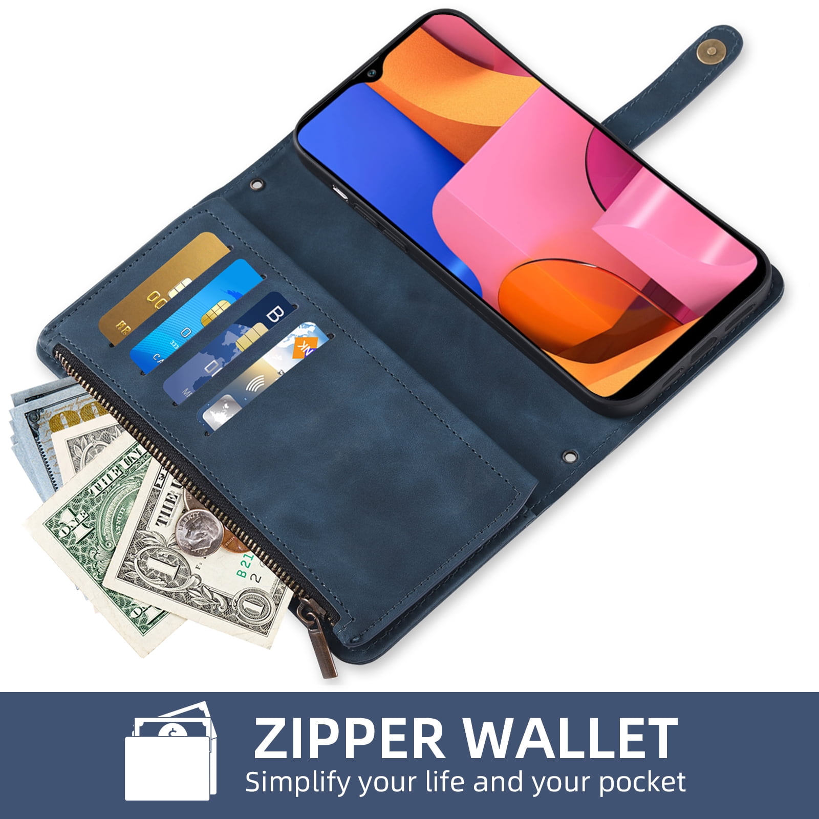 Asuwish Phone Case for Samsung Galaxy A20s Wallet Cover With Tempered Glass Screen Protector Crossbody Wrist Strap Flip Pattern Zipper Credit Card Holder Stand Cell A 20s Plus A207M Women Men Blue