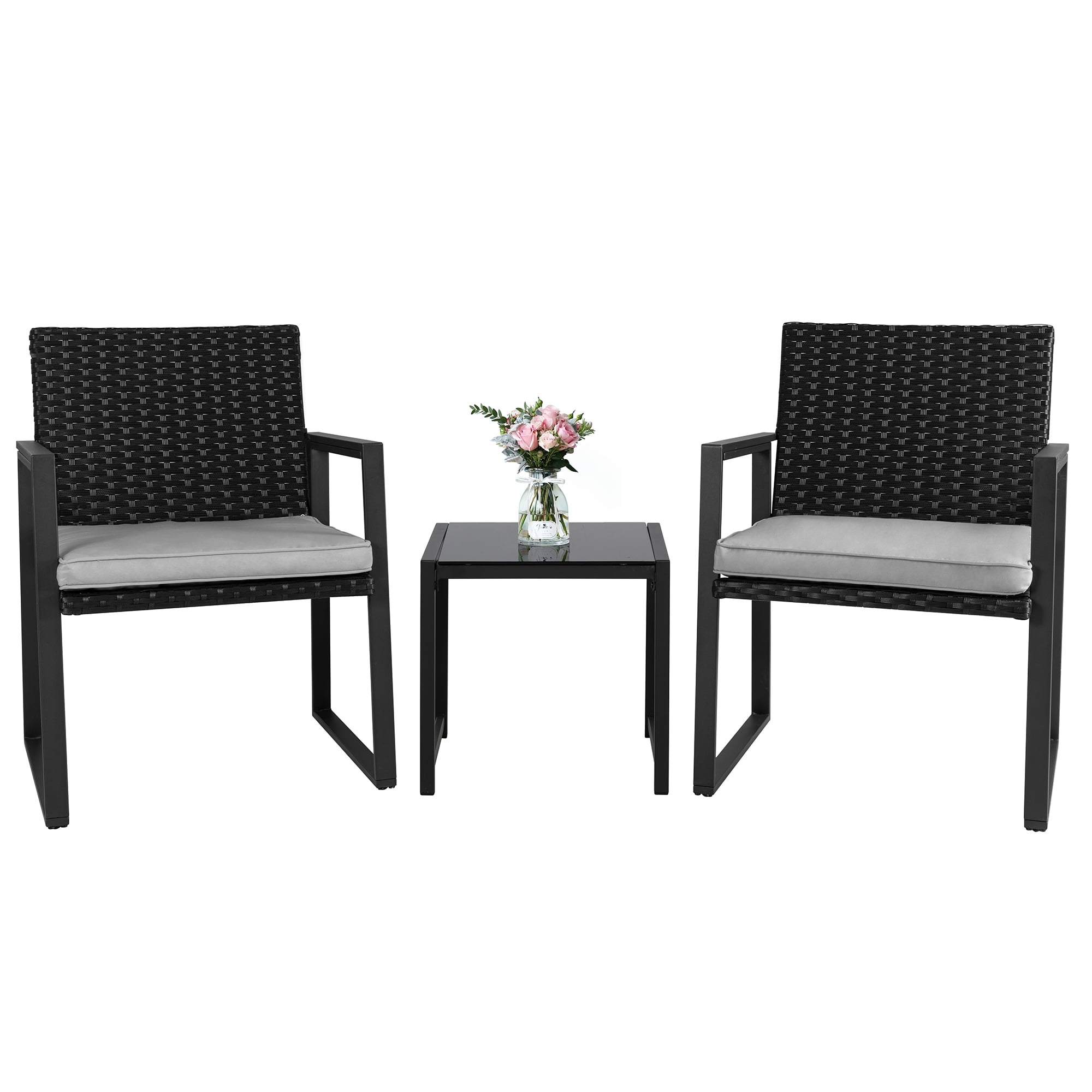 3 Piece Patio Bistro Sets, Outdoor Rattan Chairs & Black Wicker