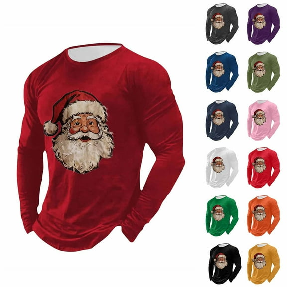 Jinhomg Big and Tall Graphic Tees Men Long Sleeve Cotton Shirts Crew Neck Cute Santa Claus T-Shirts Workout Xmas Holiday Pullover Tops