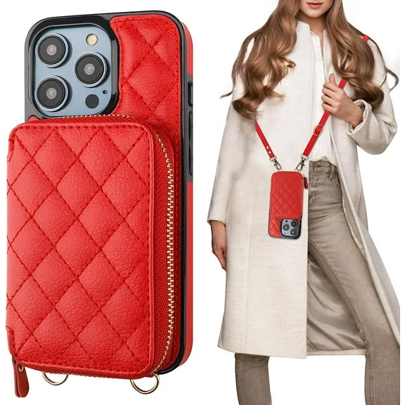 Crossbody Wallet Case for iPhone 14 Pro, RFID Blocking PU Leather Zipper Handbag Purse Flip Cover, Kickstand Folio Case with Card Slots Holder Wrist Strap Lanyard 5G 6.1 Inch (Red)