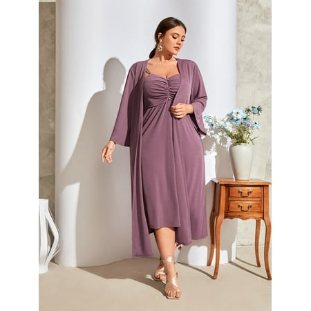 

Mauve Purple Elegant Women s Plus Open Front Robe Ruched Cami Dress PJ Set 2022 2XL(16) Y061D