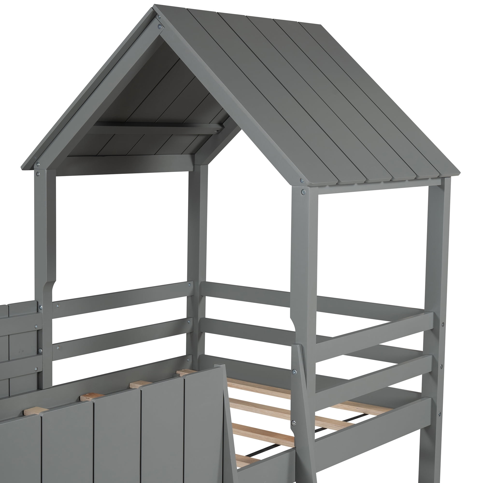 Modern Twin Size Loft Bed Wood Bed with Roof, Guardrail & Ladder, Toddler House Bed Bedroom Furniture, Space-Saving Wood Bed Frame, Under Bed Storage, No Box Spring Needed (Gray)