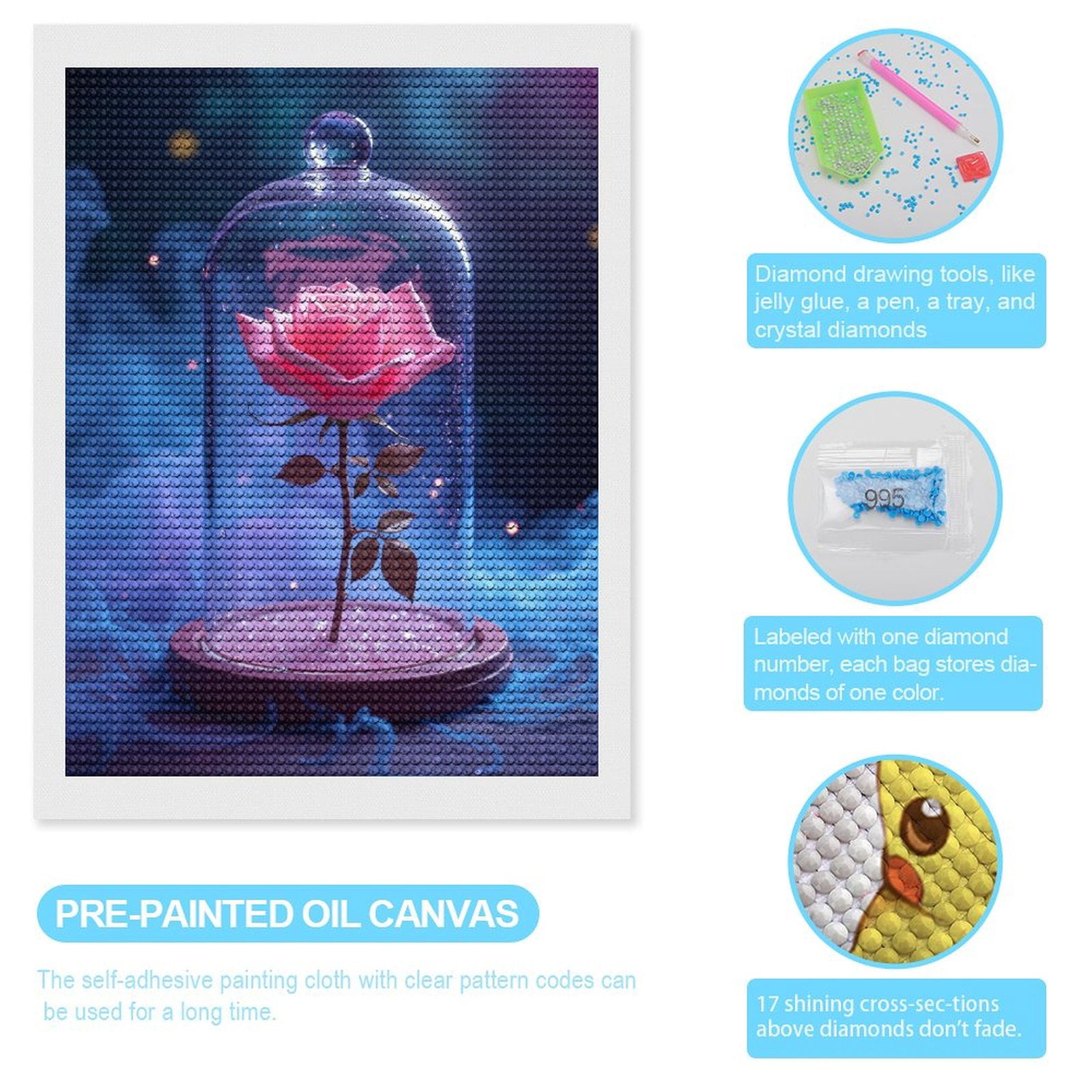 Diamond Art Kits for Adults, Enchanted Pink Rose Glass Display 5D Diamond Painting Kits for Adults Beginners, DIY Full Drill Diamond Painting, Gem Art and Crafts 12x16