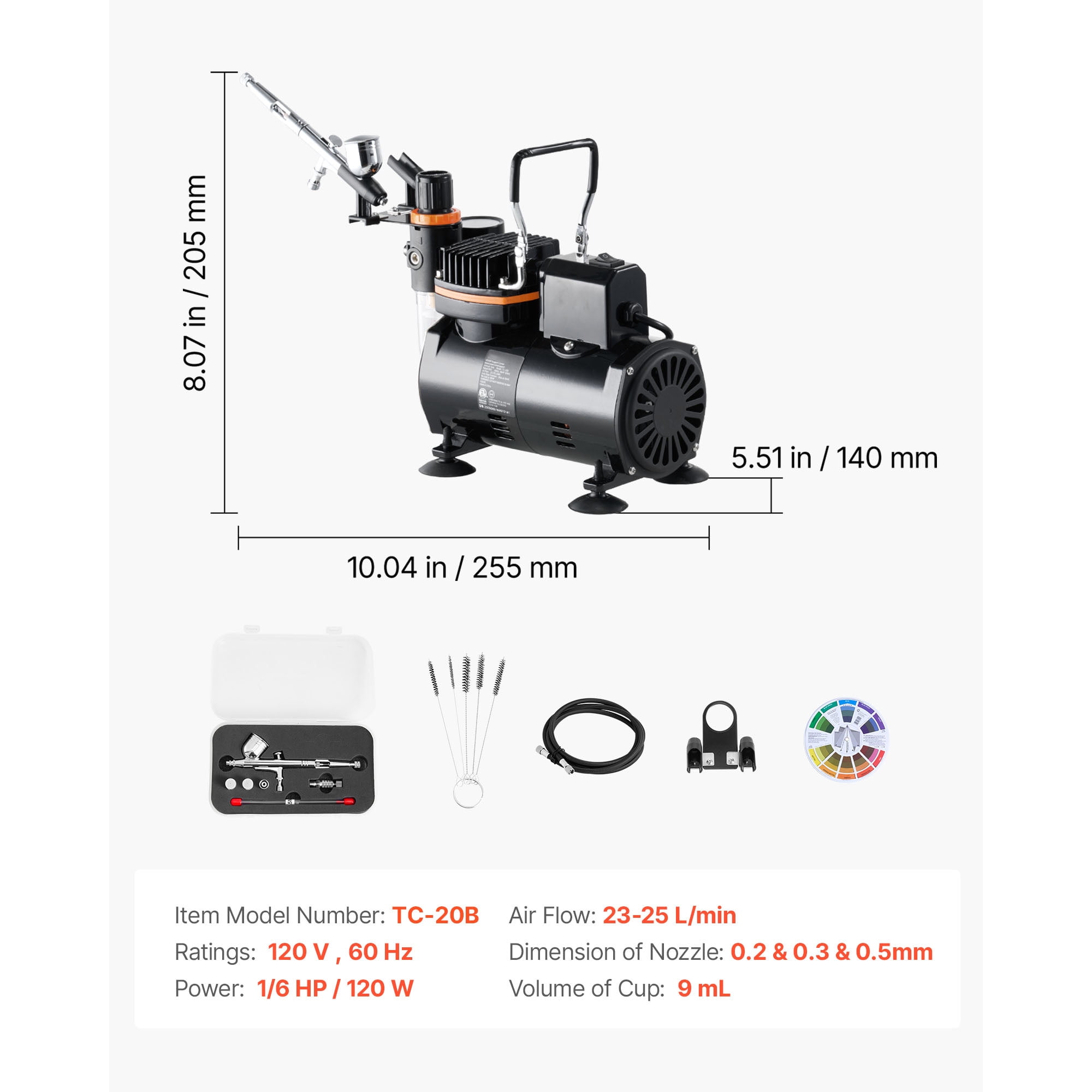 KFFKFF Airbrush Kit with Compressor, 1/6 HP, Includes Dual-Action Airbrush, 3 Nozzles, Hose, Holder, Cleaning Tools, Quiet Operation, Ideal for Cake Decorating, Model Painting, and Nail Art