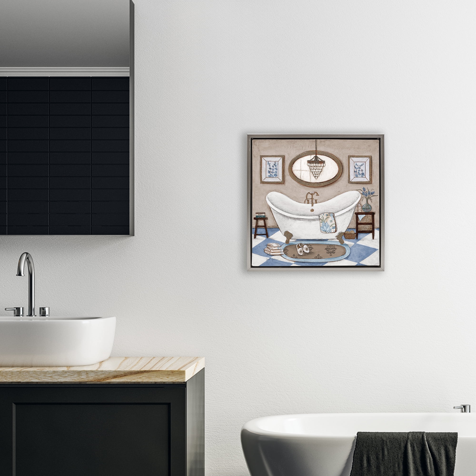 Stupell Industries Checkered Relaxing Bathtub Gray Framed Floater Canvas Wall Art, design by Janet Tava