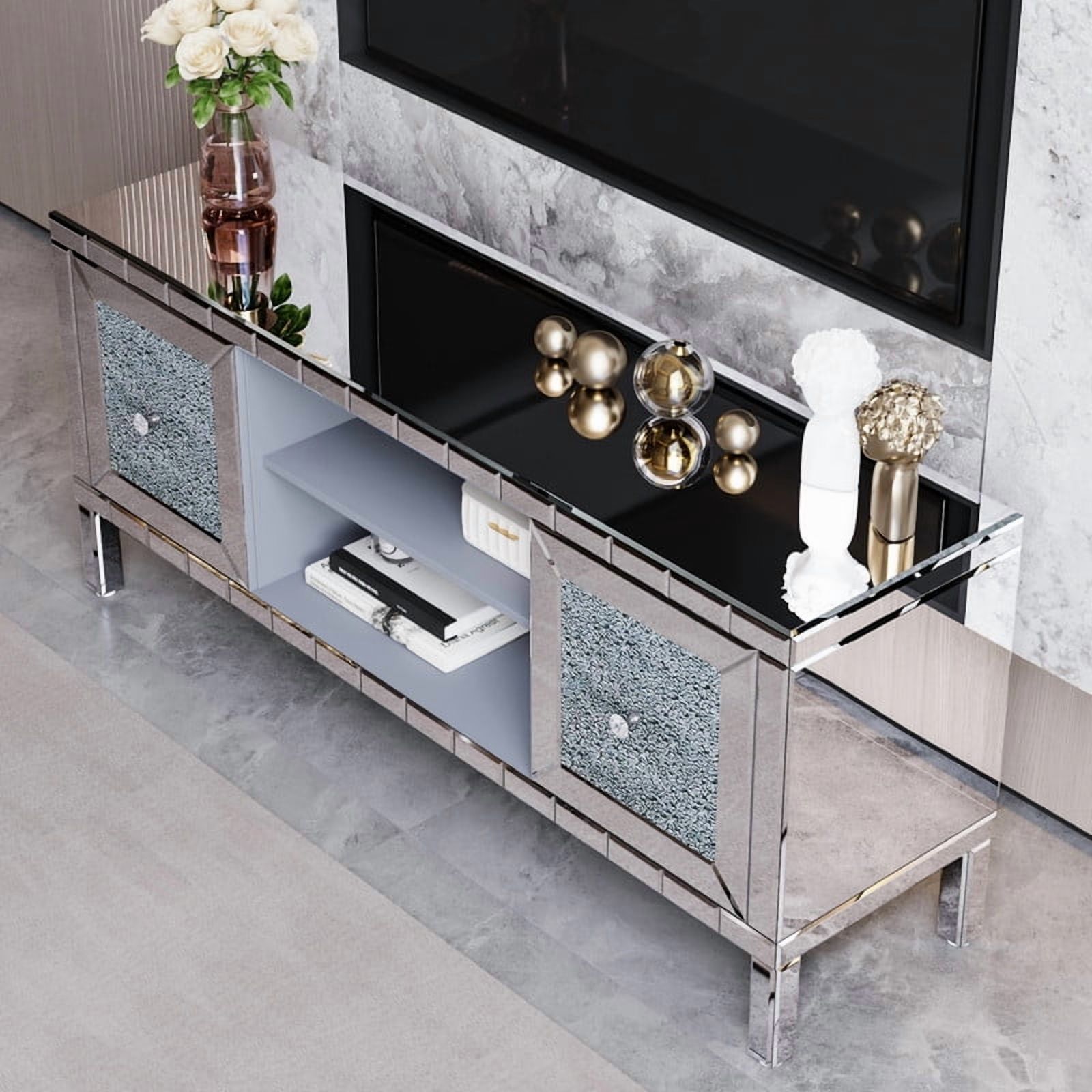 Atumcto Mirrored TV Stand for 65-inch TVs with Adjustable Storage & Crushed Diamond Glass Doors