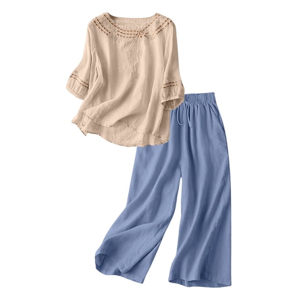 Holzkary Linen Sets for Women 2 Piece Loose Fit Outfit Breathable Comfortable for Daily Wear 2 Piece Outfits Sets Short Sleeve Shirts and Long Pants Summer Casual Vacation Loungewear Beige L