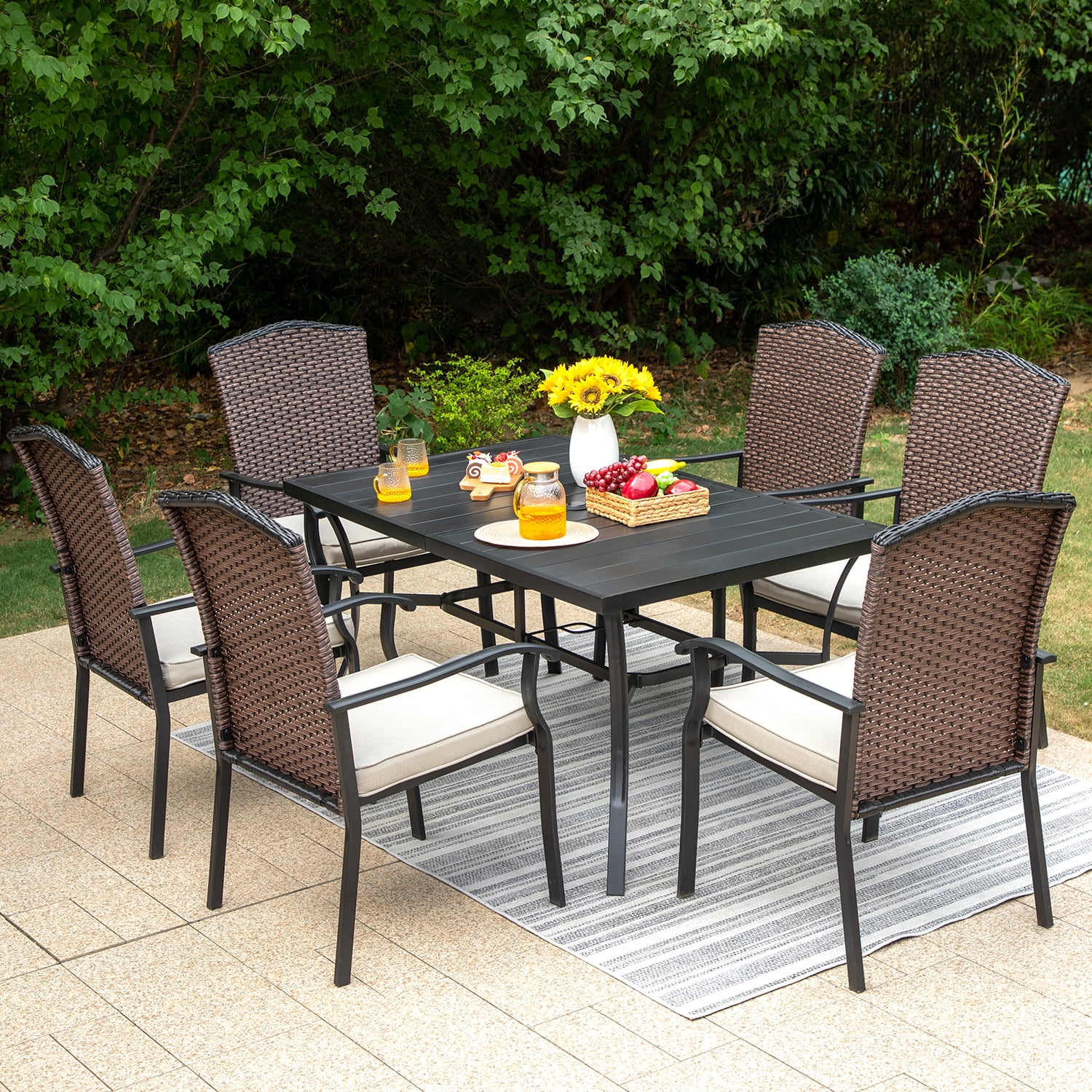 MF Studio 7 Pieces Outdoor Patio Dining Set Wicker Patio Furniture Set with Metal Retangular Table and 6PCS Rattan Chairs with Beige Cushions