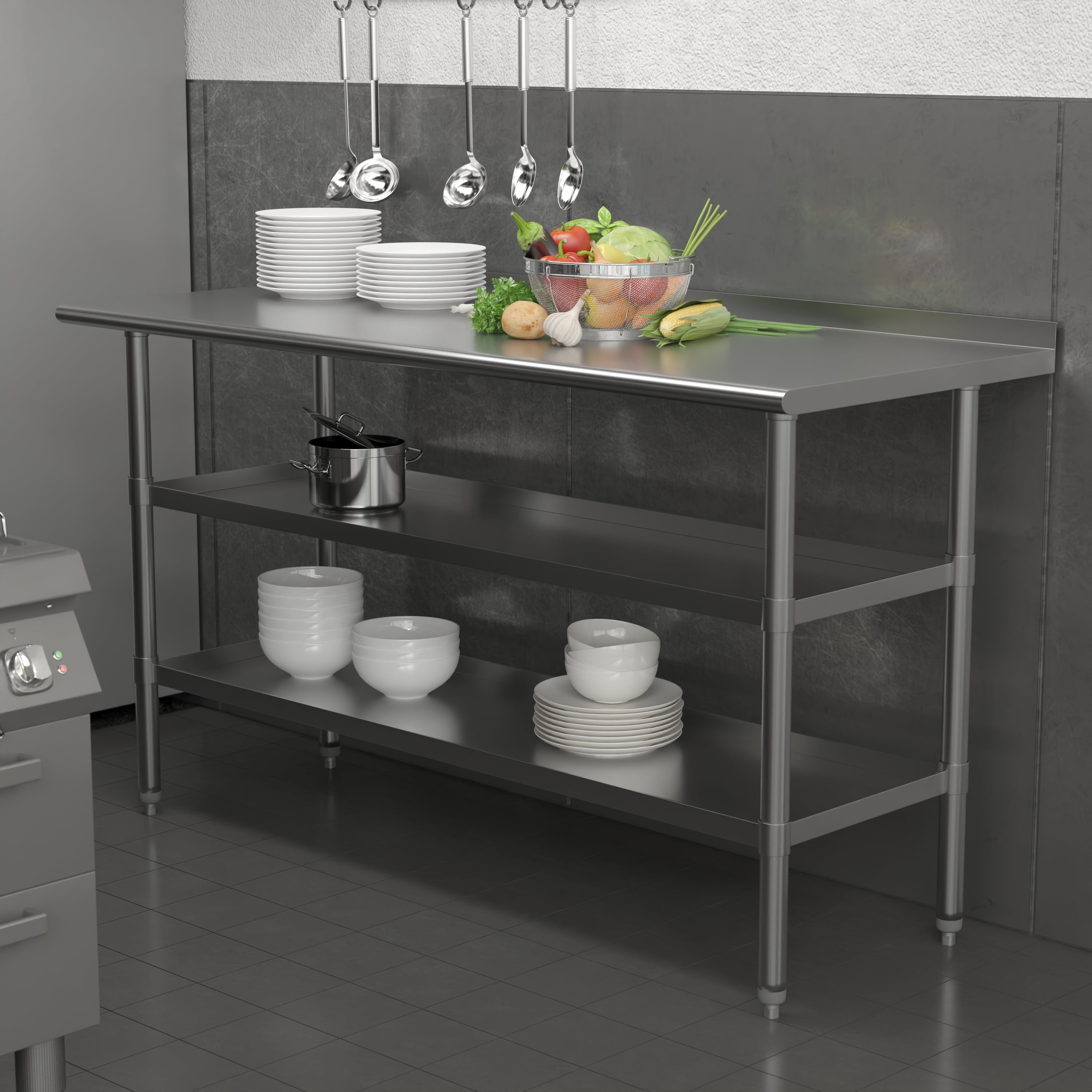 Emma + Oliver NSF Certified Stainless Steel 18 Gauge Work Table with 1.5" Backsplash and Undershelves - 60"W x 24"D x 36"H