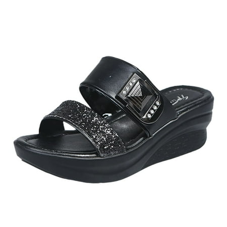 

Pgeraug slippers for women Womens Ladies Fashion Buckle Deco Wedge Slip On Beach Slippers Shoes women shoes Black 39