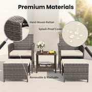UDPATIO Balcony Furniture 5 Piece Patio Furniture Set, Outdoor Grey Wicker Chairs with Ottoman, Beige