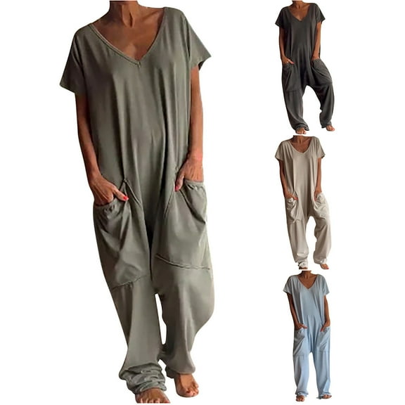 lcziwo Summer Jumpsuits for Women Casual Short Sleeve Beach Rompers Loose Fit V Neck Overalls Oversized One Piece Junper Pants with Pockets Lightning Prime Today
