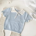thumbnail image 1 of Cutemily-Camiseta de algodón calada de punto para niña, Top de manga corta con cuello redondo y cuello abatible, Top transpirable con bloques de Color, 1 of 5