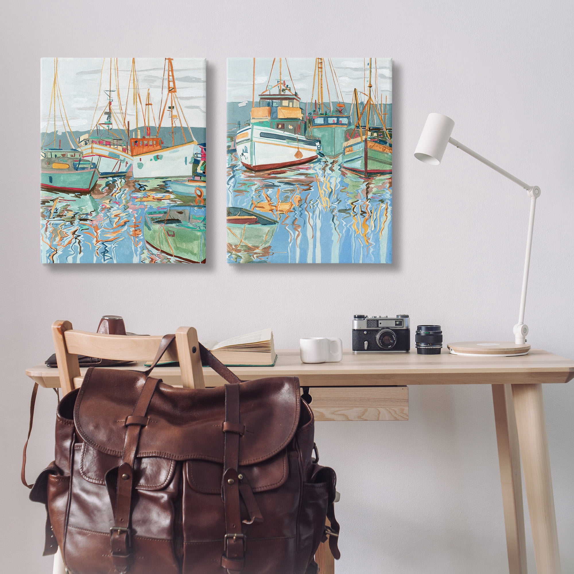 Stupell Industries Marina Ships Reflection Transportation Painting Gallery Wrapped Canvas Art Print Wall Art, 24 x 30, Set of 2
