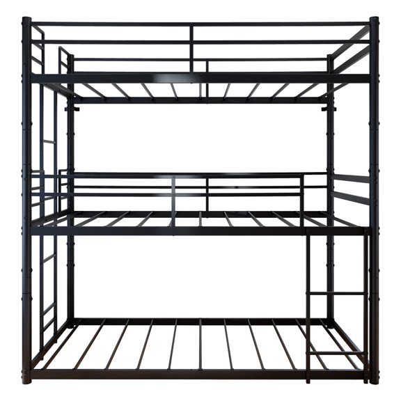 Twin Size Metal Triple Bunk Bed, 3‑in‑1 Convertible Detachable Frame with Safety Guardrails 2 Ladders Wall Anchor, Black Iron Bed for Bedroom Guest Room