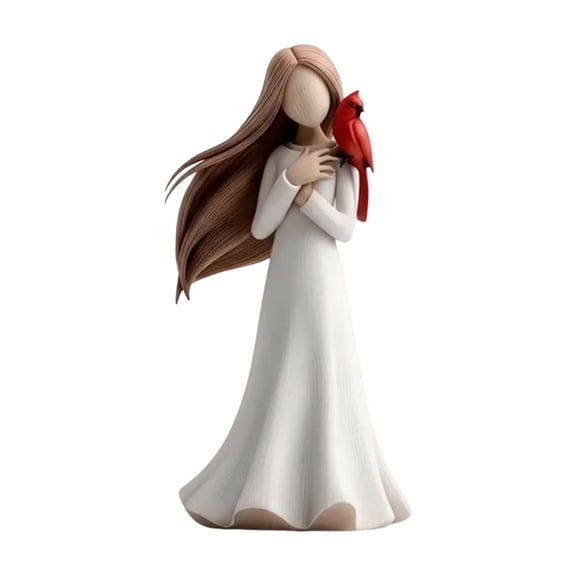 Girl with Cardinal Bird Resin Figurine 7.87 Inches Elegant Home Decor Statue
