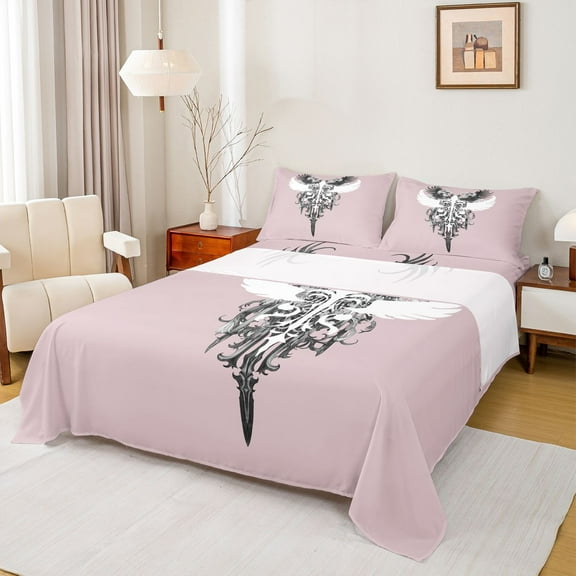 Feelyou Gothic Angel Wings Twin Sheet Sets, Vintage Y2k 2000s Goth Twin Fitted Sheet, Teens Kids Girls Boys Flat Sheet, Lightweight Room Decor, 3 Pieces