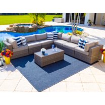 Tuscany 8-Piece Resin Wicker Outdoor Patio Furniture Sectional Sofa Set in Gray w/Seven Modular Sectional Seats and Coffee Table… (Half-Round Gray Wicker, Polyester Light Gray)