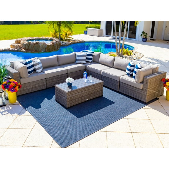 Tuscany 8-Piece Resin Wicker Outdoor Patio Furniture Sectional Sofa Set in Gray w/Seven Modular Sectional Seats and Coffee Table… (Half-Round Gray Wicker, Polyester Light Gray)