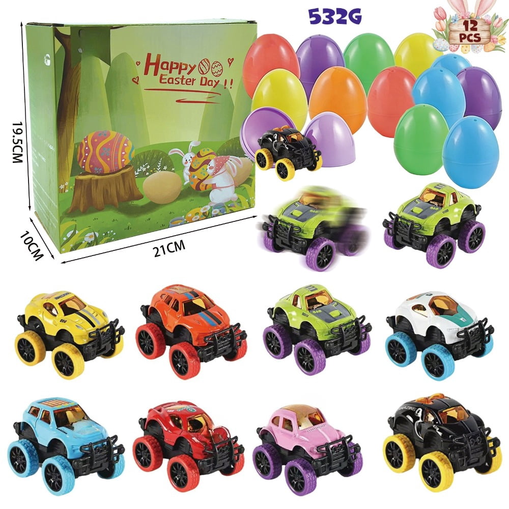 12 Pcs Prefilled Easter Eggs with Mini Cute Pull Back Alloy Car Toys for Easter Basket Stuffers Egg Hunt Party Favors Classroom Prizes
